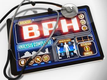 BPH  - Diagnosis on the Display of Medical Tablet and a Black Stethoscope on White Background.