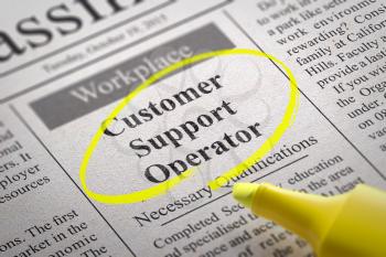 Customer Support Operator Vacancy in Newspaper. Job Seeking Concept.