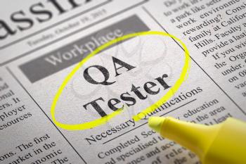 QA Tester Jobs in Newspaper. Job Seeking Concept.