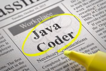 Java Coder Jobs in Newspaper. Job Seeking Concept.