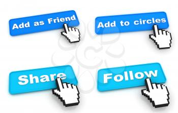 Social Networks Concept. Blue Web Buttons with Hand Cursor Isolated on White Background.