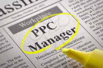 PPC Manager Vacancy in Newspaper. Job Seeking Concept.