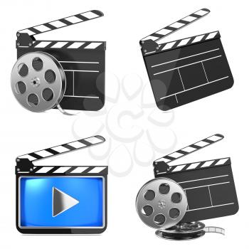 Cinema, Movie, Film and Video Media Industry Concept. Clapboards with Film Reels on White Background.
