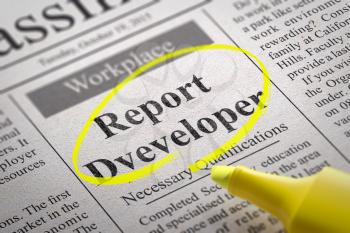 Report Developer Vacancy in Newspaper. Job Seeking Concept.