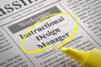 Instructional Desing Manager Jobs in Newspaper. Job Seeking Concept.