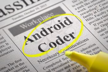 Android Coder Jobs in Newspaper. Job Seeking Concept.