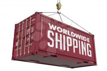World Wide Shipping on Brown Metal Cargo Container on a White Background.