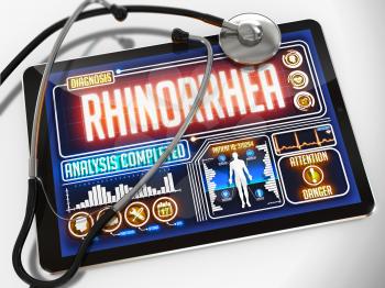 Rhinorrhea - Diagnosis on the Display of Medical Tablet and a Black Stethoscope on White Background.