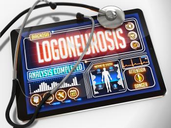 Logoneurosis - Diagnosis on the Display of Medical Tablet and a Black Stethoscope on White Background.