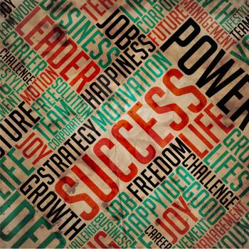 Success - Grunge Printed Word Collage on Old Fulvous Paper.