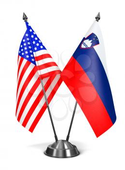 USA and Slovenia - Miniature Flags Isolated on White Background.