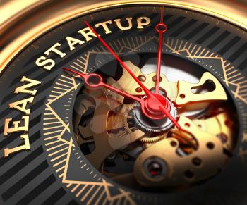 Lean Startup on Black-Golden Watch Face with Watch Mechanism. Full Frame Closeup. 