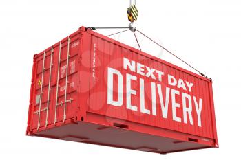 Next Day Delivery on Red Metal Container on a White Background