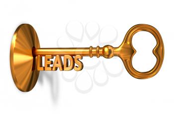 Leads - Golden Key is Inserted into the Keyhole Isolated on White Background