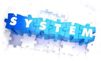 System - Word in Blue Color on Volume  Puzzle. 3D Illustration.