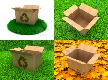Set of Cardboard Open Boxes on The Grass and Autumn Leaves. 3d concept.