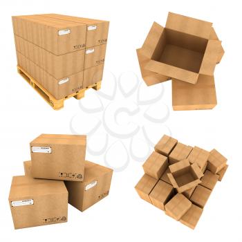 Set of Cardboard Boxes Isolated on White Background. Open and Close, 3d concept.