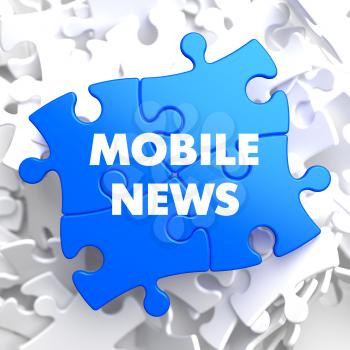 Mobile News on Blue Puzzle on White Background.