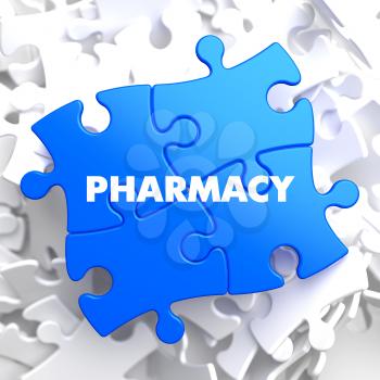 Pharmacy on Blue Puzzle on White Background.