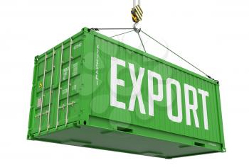 Export - Green Cargo Container Hoisted by Hook, Isolated on White Background.
