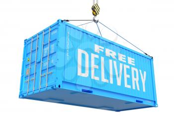 Free Delivery - Blue Cargo Container Hoisted by Hook, Isolated on White Background.