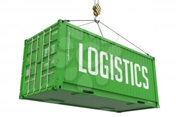 Logistics - Green Cargo Container Hoisted by Hook, Isolated on White Background.