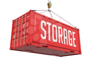 Storage - Red Cargo Container Hoisted by Hook, Isolated on White Background.