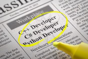 C Developer, Python Developer Jobs in Newspaper. Job Search Concept.