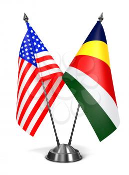 USA and Seychelles - Miniature Flags Isolated on White Background.