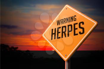 Herpes on Warning Road Sign on Sunset Sky Background.