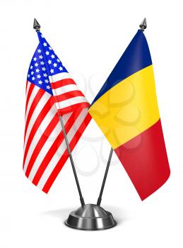 USA and Romania - Miniature Flags Isolated on White Background.