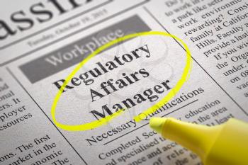 Regulatory Affairs Manager Jobs in Newspaper. Job Search Concept.