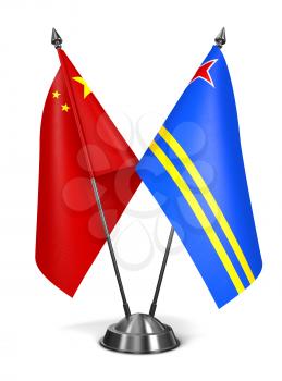 China and Aruba - Miniature Flags Isolated on White Background.