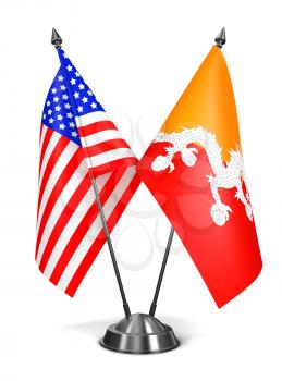USA and Bhutan - Miniature Flags Isolated on White Background.