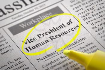 Vice President of Human Resources Vacancy in Newspaper. Job Search Concept.