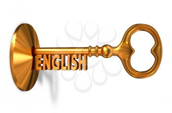 English - Golden Key is Inserted into the Keyhole Isolated on White Background