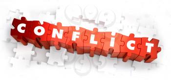 Conflict - Text on Red Puzzles on White Background. Selective Focus. 3D Render.