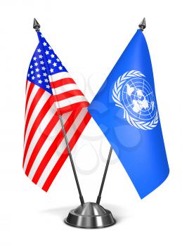 USA and United Nations - Miniature Flags Isolated on White Background.