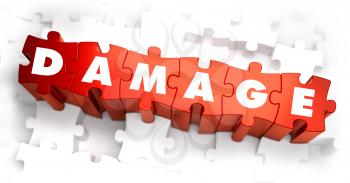 Damage - Text on Red Puzzles on White Background. Selective Focus. 3D Render.