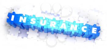 Insurance - White Word on Blue Puzzles on White Background. 3D Illustration.