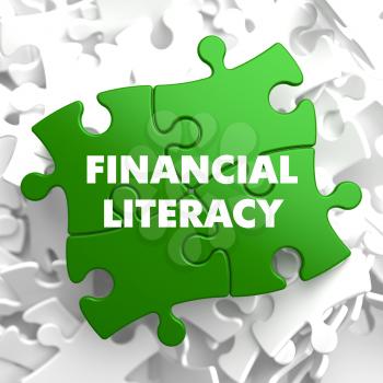  Financial Literacy on Green Puzzle on White Background.