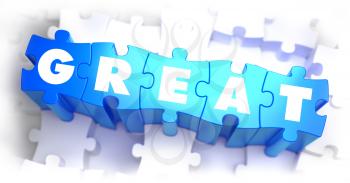 Great - White Word on Blue Puzzles on White Background. 3D Illustration.