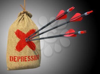 Depression - Three Arrows Hit in Red Mark Target on a Hanging Sack on Grey Background.