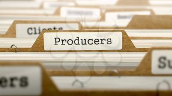 Producers Concept. Word on Folder Register of Card Index. Selective Focus.