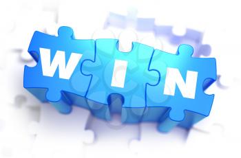Win - White Word on Blue Puzzles on White Background. 3D Illustration.