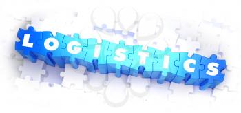 Logistics - Text on Blue Puzzles on White Background. 3D Render. 