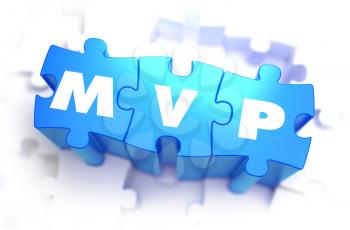 MVP - White Text on Blue Puzzles on White Background and Selective Focus. 3D Render. 