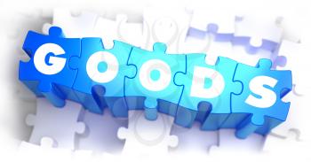 Goods - White Word on Blue Puzzles on White Background. 3D Illustration.