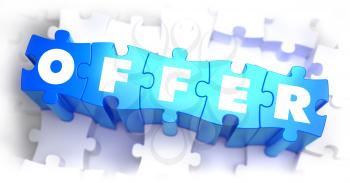 Offer - Text on Blue Puzzles on White Background. 3D Render. 