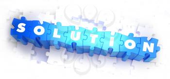 Solution - Text on Blue Puzzles on White Background. 3D Render. 